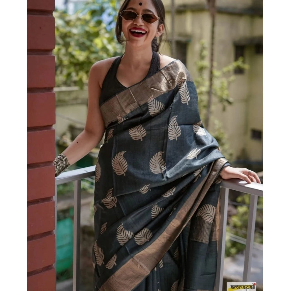 Generic Women's Silk Printed Saree With Unstitched Blouse 5.5Mtr (Black)