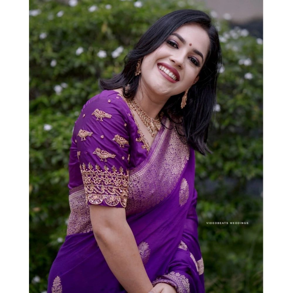 Generic Women's Silk Printed Saree With Unstitched Blouse 5.5Mtr (Purple)
