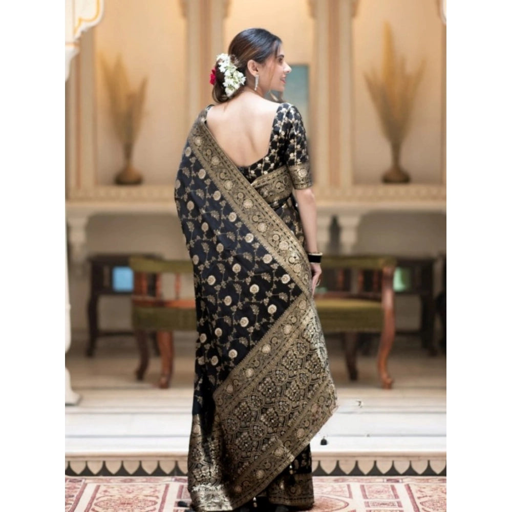 Generic Women's Silk Printed Saree With Unstitched Blouse 5.5Mtr (Black)