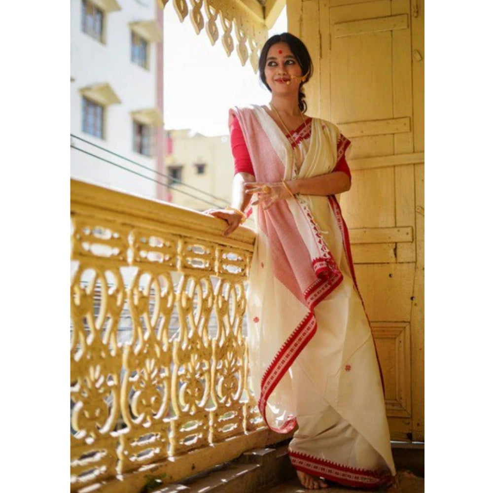 Generic Women's Cotton  Printed Saree With Unstitched Blouse 5.5Mtr (White)