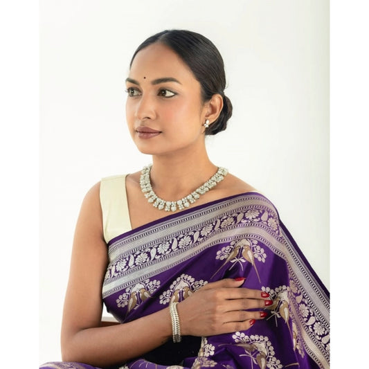 Generic Women's Silk Printed Saree With Unstitched Blouse 5.5Mtr (Purple)