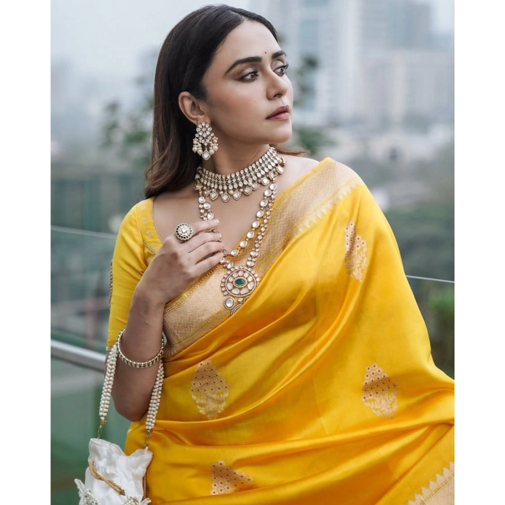 Generic Women's Silk Printed Saree With Unstitched Blouse 5.5Mtr (Yellow)