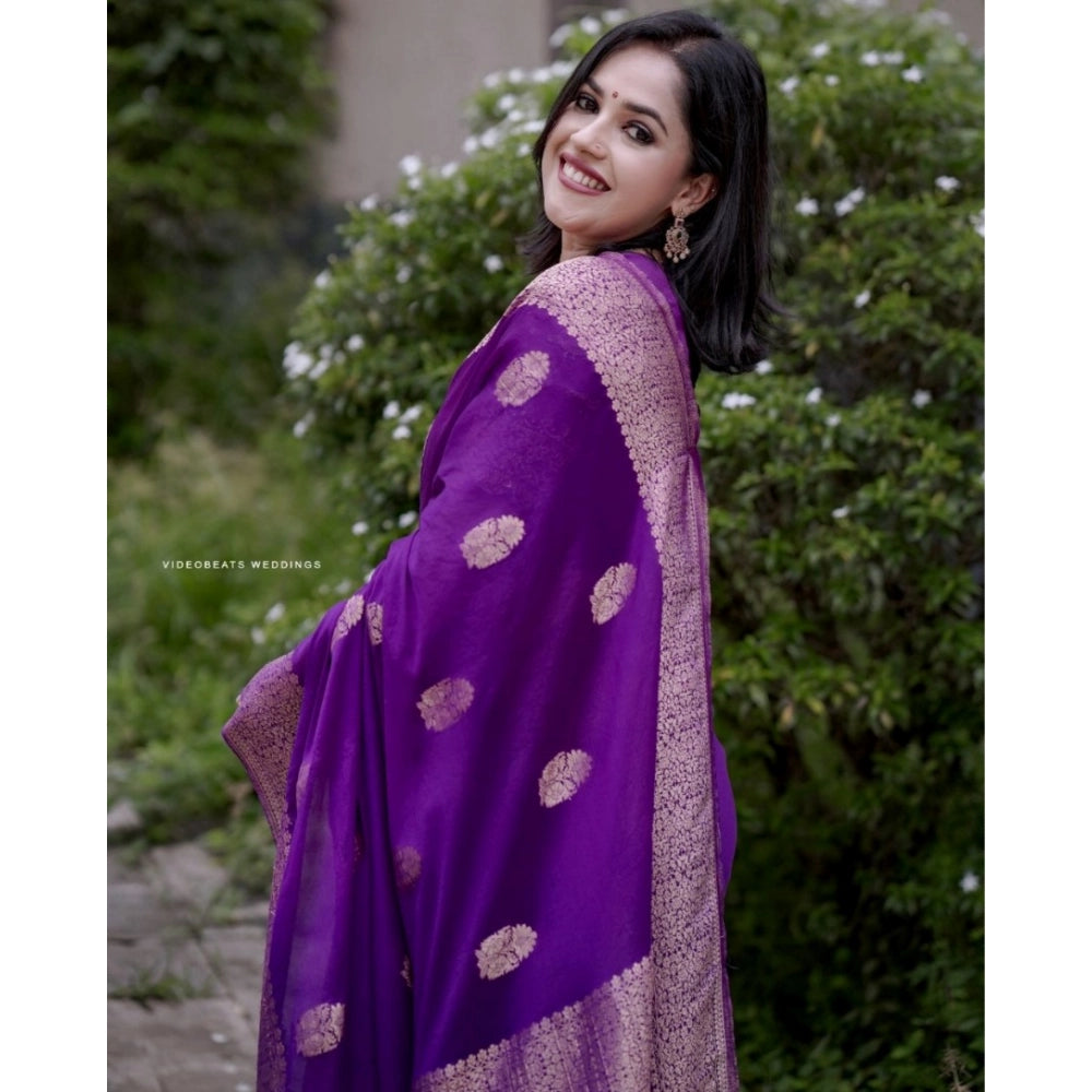 Generic Women's Silk Printed Saree With Unstitched Blouse 5.5Mtr (Purple)