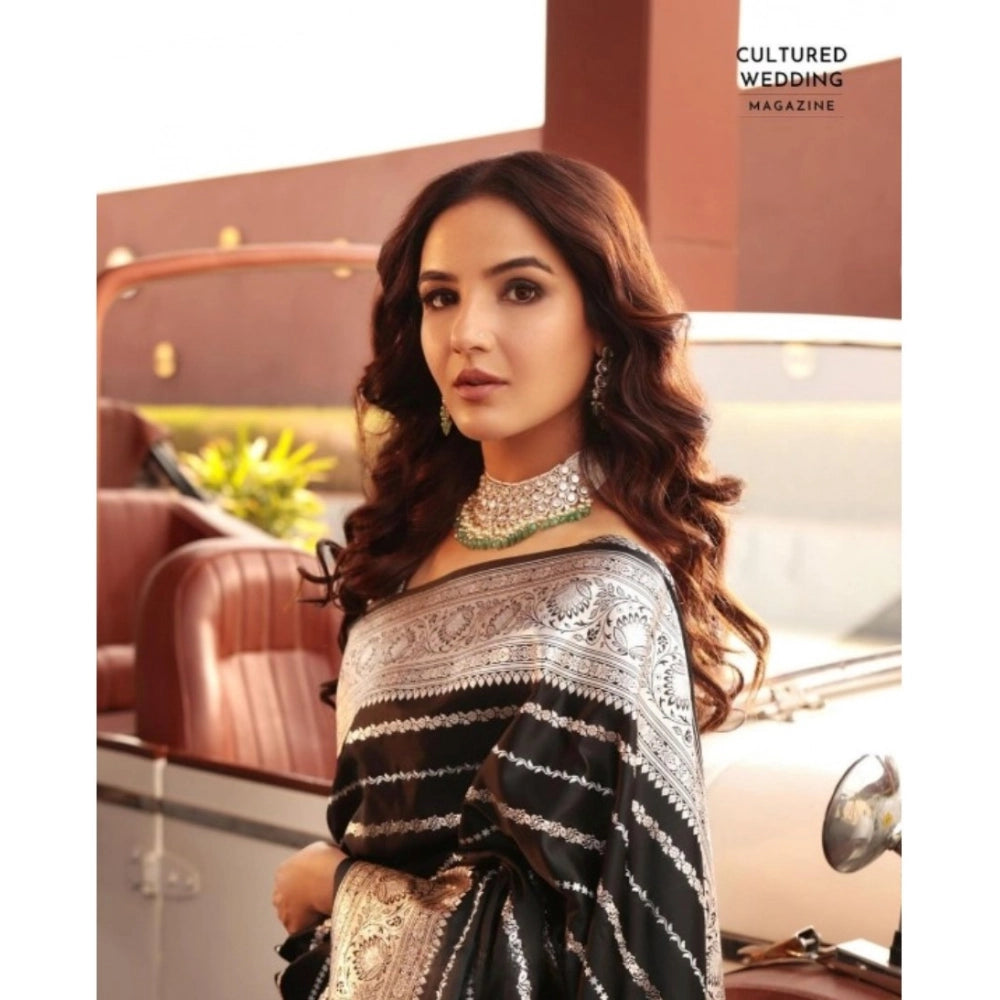 Generic Women's Silk Printed Saree With Unstitched Blouse 5.5Mtr (Black)