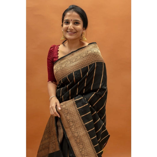 Generic Women's Silk Printed Saree With Unstitched Blouse 5.5Mtr (Black)