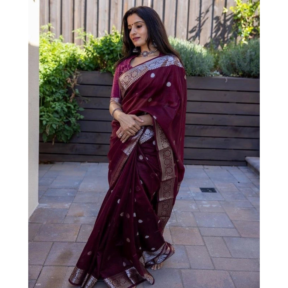 Generic Women's Cotton  Printed Saree With Unstitched Blouse 5.5Mtr (Maroon)
