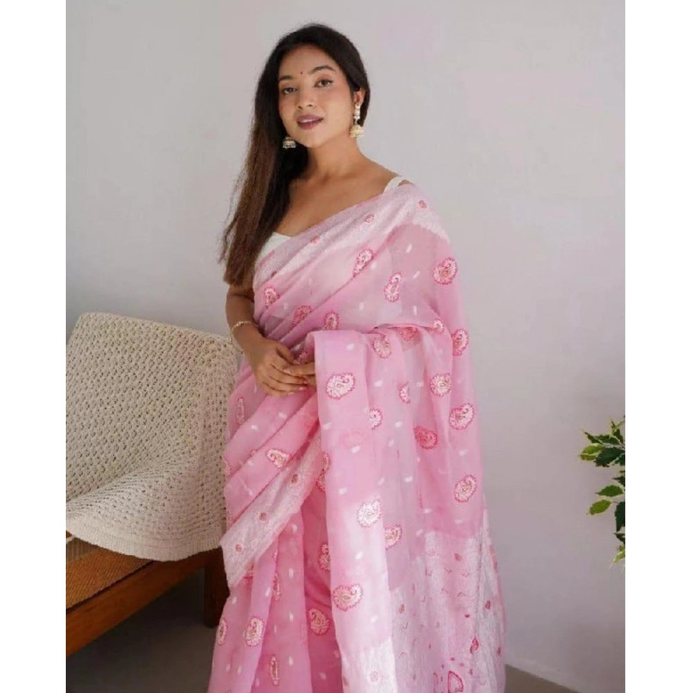 Generic Women's Cotton  Printed Saree With Unstitched Blouse 5.5Mtr (Pink)