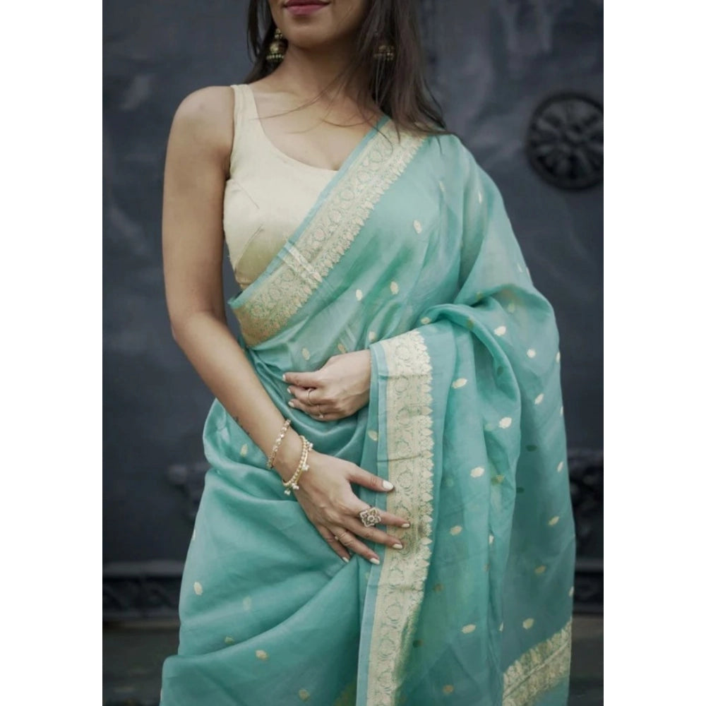 Generic Women's Cotton  Printed Saree With Unstitched Blouse 5.5Mtr (Sky)