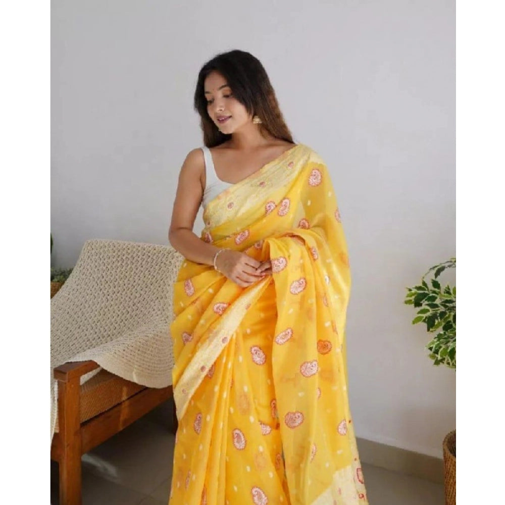 Generic Women's Cotton  Printed Saree With Unstitched Blouse 5.5Mtr (Yellow)