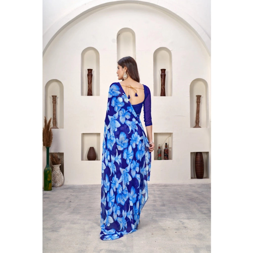 Generic Women's Polyster Printed Saree With Unstitched Blouse 5.5Mtr (Blue)