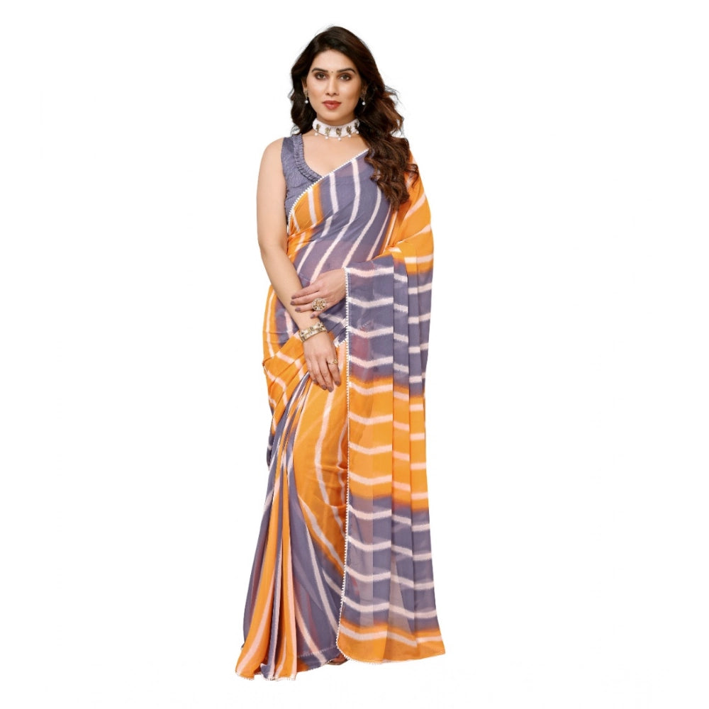Generic Women's Small Lace Georgette Striped Ready-to-Wear Saree With Unstitched Blouse 5.5 Mtr (Orange-Grey)