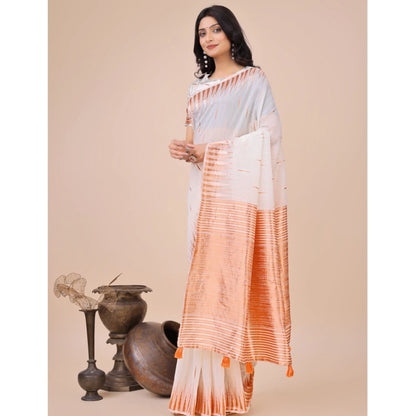 Generic Women's Linen Cotton Wevon Jacquard Saree With Unstitched Blouse 5.5Mtr (White)