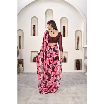Generic Women's Polyster Printed Saree With Unstitched Blouse 5.5Mtr (Wine)