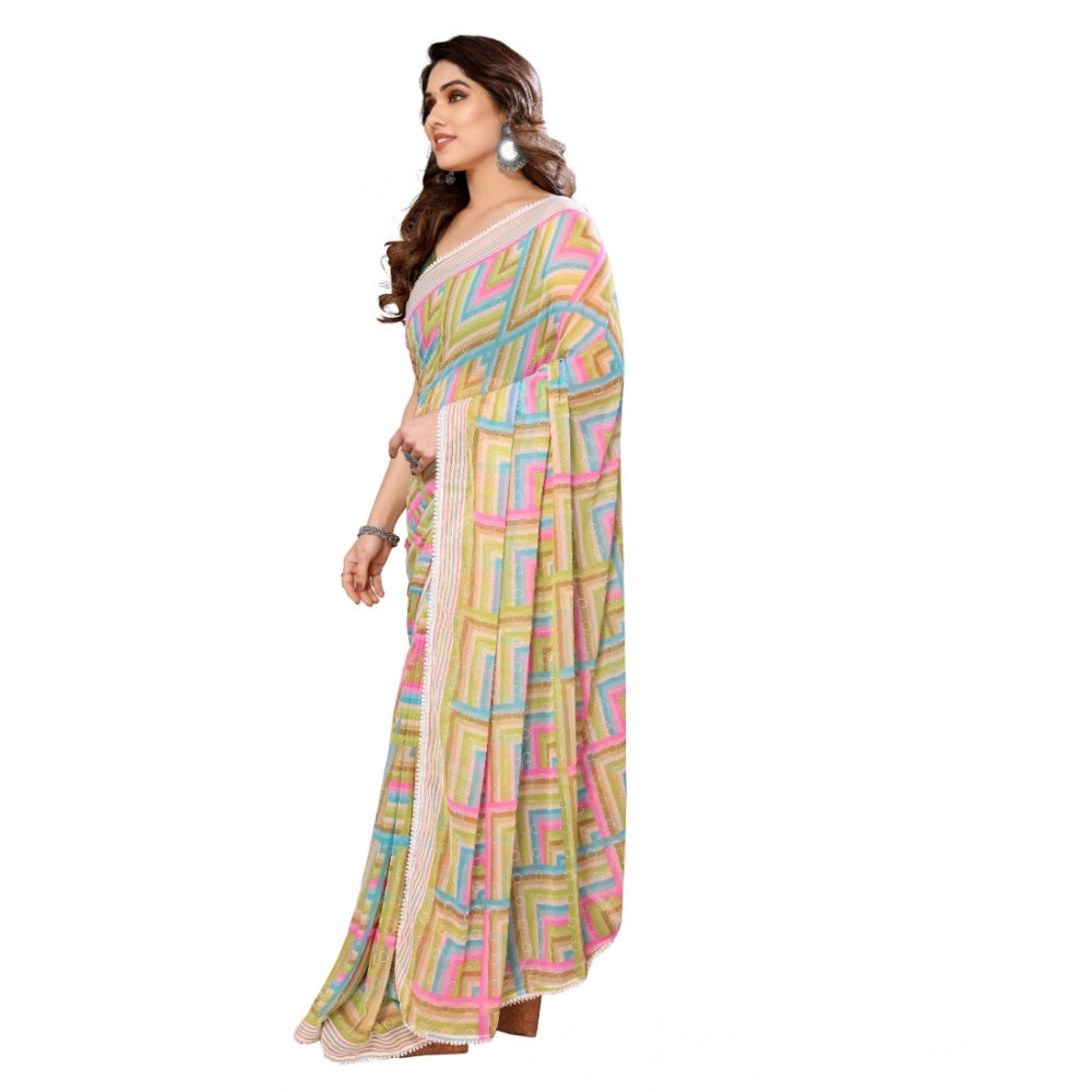 Generic Women's Small Lace Georgette Printed Ready-to-Wear Saree With Unstitched Blouse 5.5 Mtr (Green)
