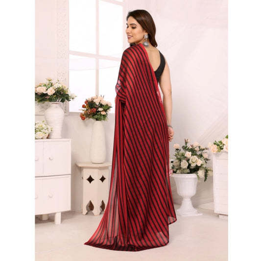 Generic Women's Black Berry Striped Ready-to-Wear Saree With Unstitched Blouse 5.5 Mtr (Red-Black)