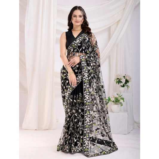 Generic Women's Soft Net Thread Embroidery Saree With Unstitched Blouse 5.5Mtr (Black)