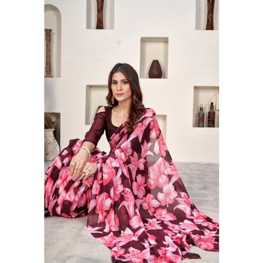 Generic Women's Polyster Printed Saree With Unstitched Blouse 5.5Mtr (Wine)