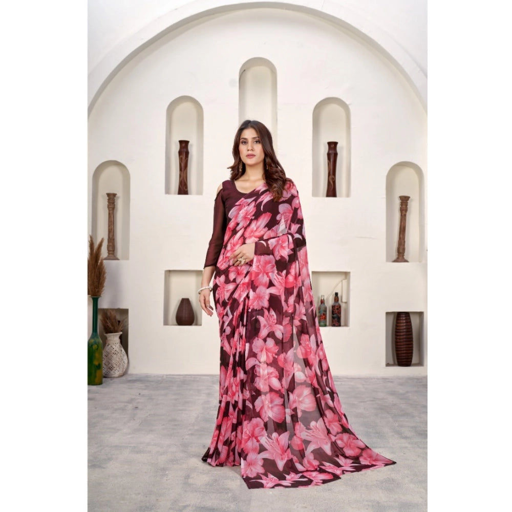 Generic Women's Polyster Printed Saree With Unstitched Blouse 5.5Mtr (Wine)
