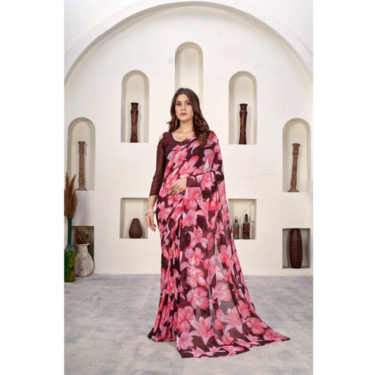 Generic Women's Polyster Printed Saree With Unstitched Blouse 5.5Mtr (Wine)