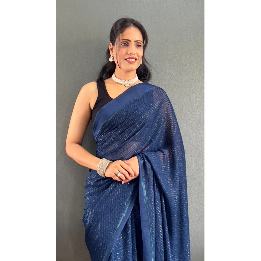 Generic Women's Chiffon Solid Ready to wear Saree With Unstitched Blouse 5.5 Mtr (Blue )