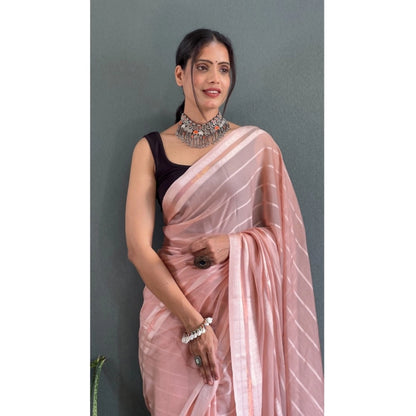 Generic Women's Chiffon Striped Ready to wear Saree With Unstitched Blouse 5.5 Mtr (Peach)