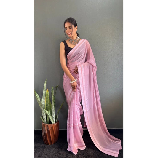 Generic Women's Chiffon Striped Ready to wear Saree With Unstitched Blouse 5.5 Mtr (Pink)