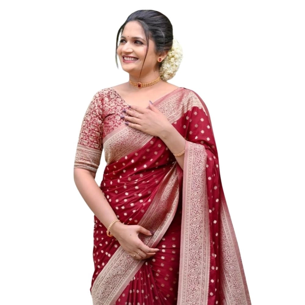 Generic Women's Silk Printed Saree With Unstitched Blouse 5.5Mtr (Maroon)