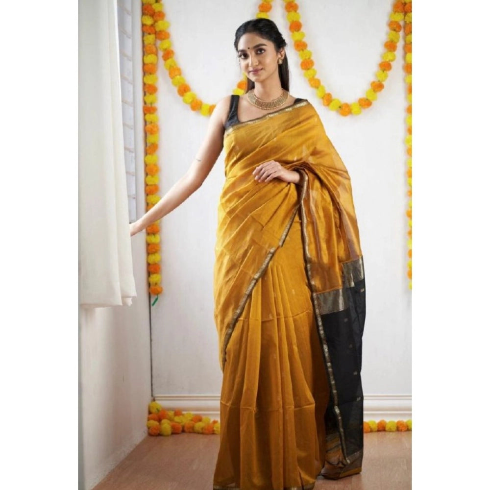 Generic Women's Cotton  Printed Saree With Unstitched Blouse 5.5Mtr (Yellow)