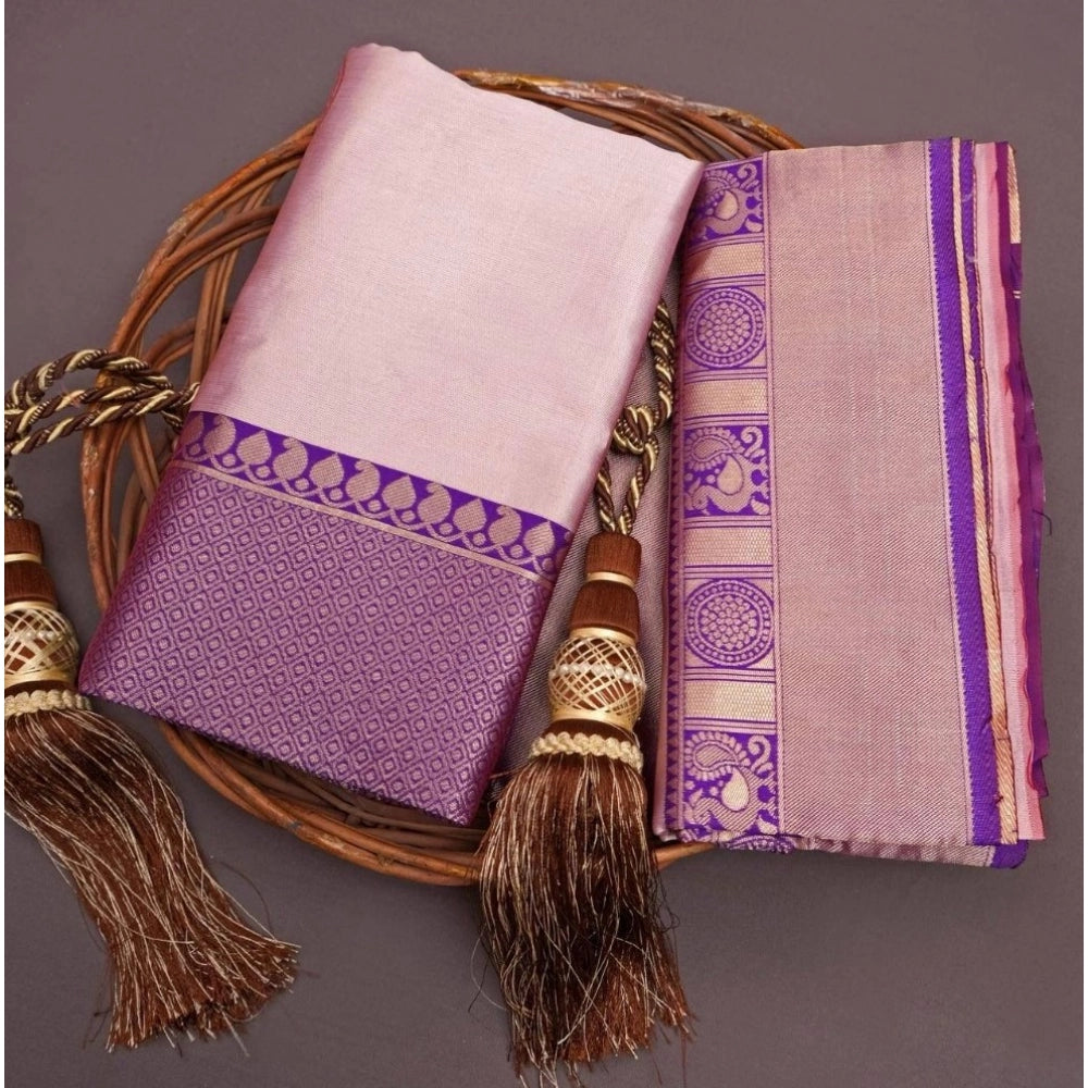Generic Women's Silk Printed Saree With Unstitched Blouse 5.5Mtr (Purple)