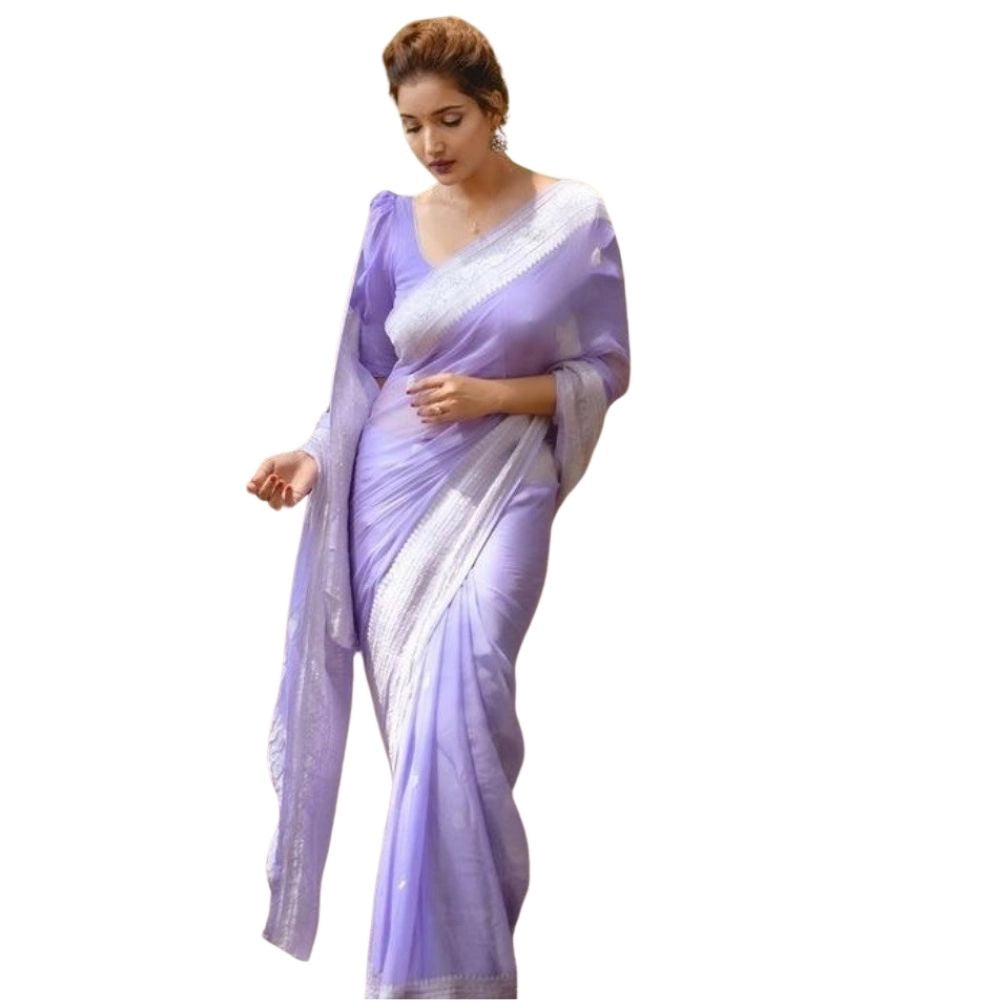 Generic Women's Cotton  Printed Saree With Unstitched Blouse 5.5Mtr (Lavender)