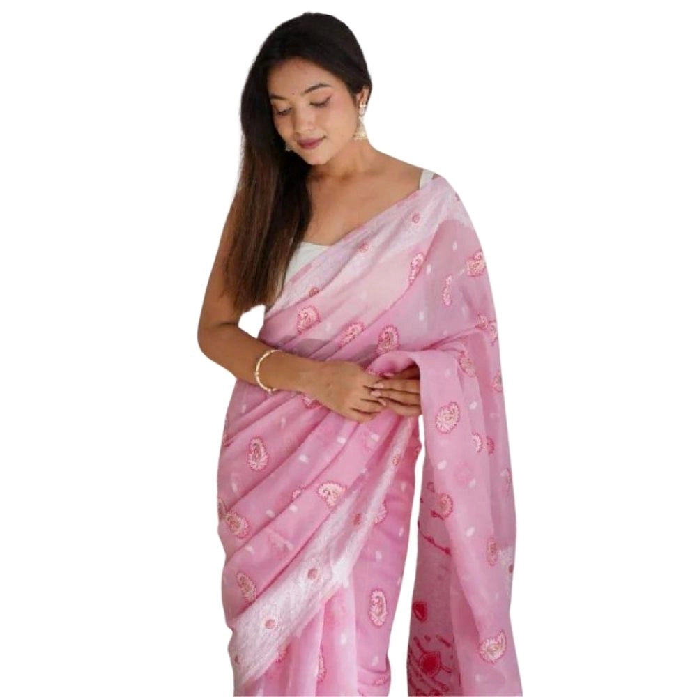 Generic Women's Cotton  Printed Saree With Unstitched Blouse 5.5Mtr (Pink)