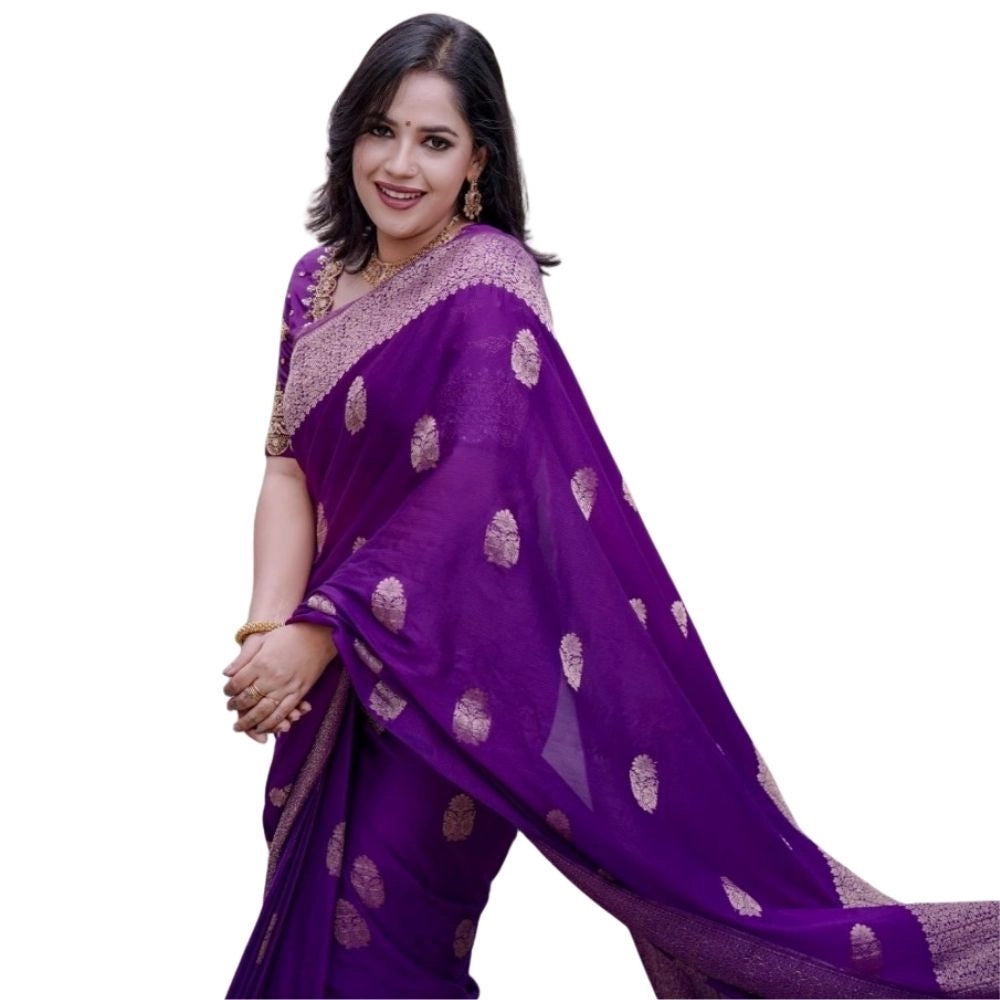 Generic Women's Silk Printed Saree With Unstitched Blouse 5.5Mtr (Purple)