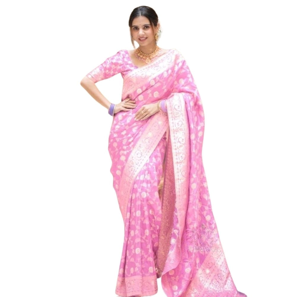 Generic Women's Silk Printed Saree With Unstitched Blouse 5.5Mtr (Pink)
