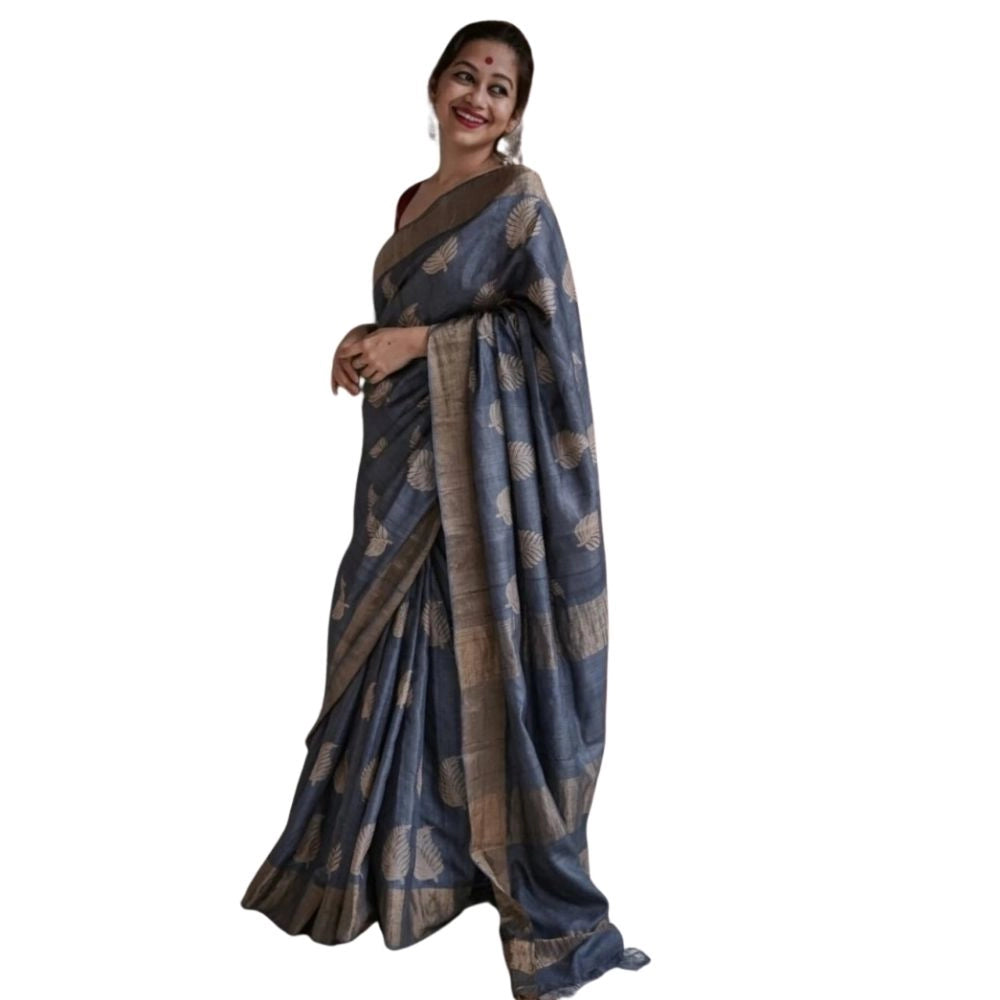 Generic Women's Silk Printed Saree With Unstitched Blouse 5.5Mtr (Grey)
