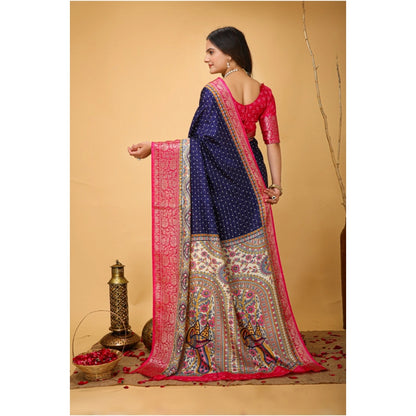 Generic Women's Soft Dola Cotton Kalamkari Printed Saree With Unstitched Blouse 5.5Mtr (Navy Blue)