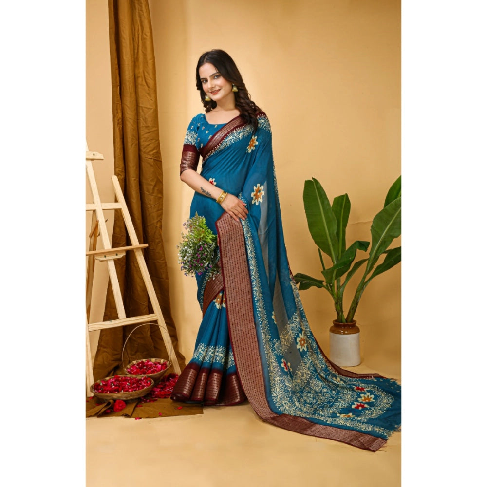 Generic Women's Soft Blooming Marshmallow Fabric Kalamkari Printed Saree With Unstitched Blouse 5.5Mtr (Blue)
