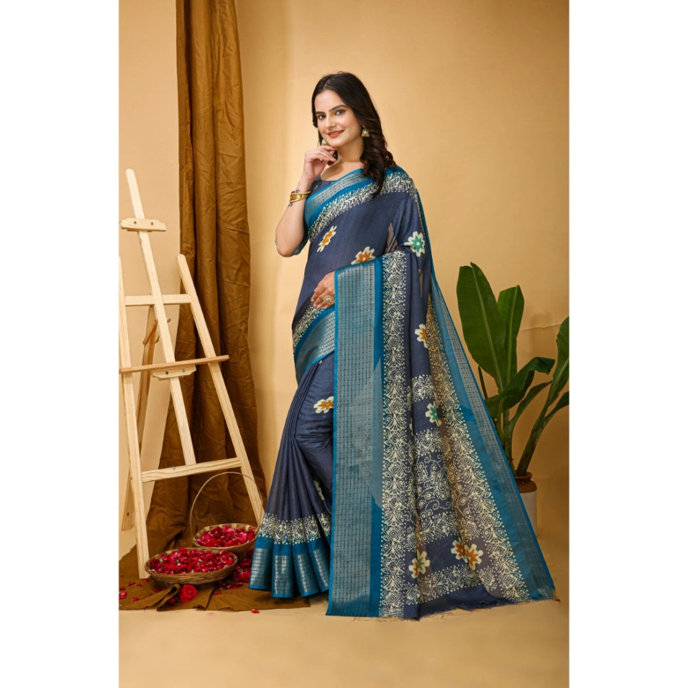 Generic Women's Soft Blooming Marshmallow Fabric Kalamkari Printed Saree With Unstitched Blouse 5.5Mtr (Grey)