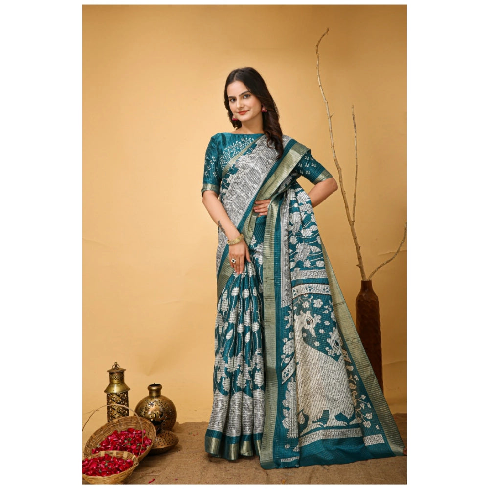 Generic Women's Soft Handloom Cotton Kalamkari Printed Saree With Unstitched Blouse 5.5Mtr (Turquoise)