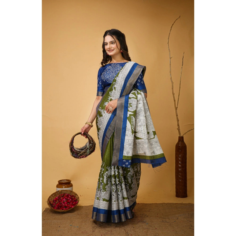 Generic Women's Soft Handloom Cotton Kalamkari Printed Saree With Unstitched Blouse 5.5Mtr (Mehendi)