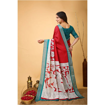 Generic Women's Soft Handloom Cotton Kalamkari Printed Saree With Unstitched Blouse 5.5Mtr (Red)