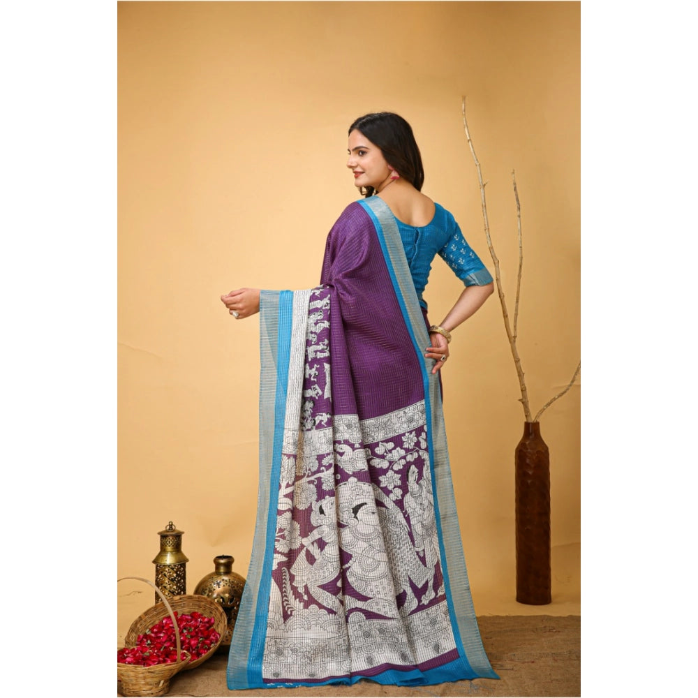 Generic Women's Soft Handloom Cotton Kalamkari Printed Saree With Unstitched Blouse 5.5Mtr (Purple)