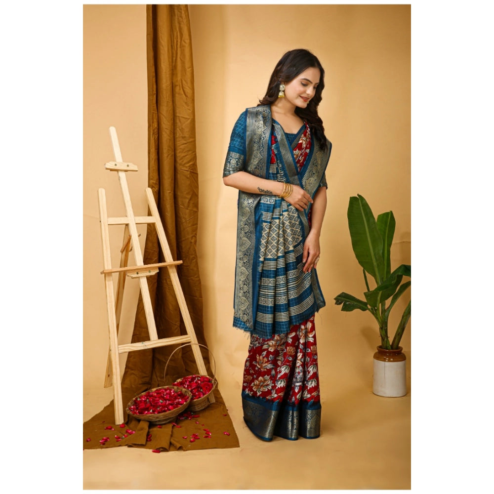 Generic Women's Soft Dola Cotton Kalamkari Printed Saree With Unstitched Blouse 5.5Mtr (Red)