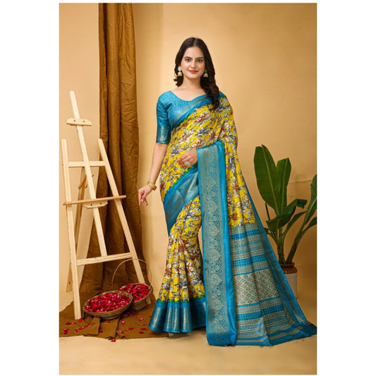 Generic Women's Soft Dola Cotton Kalamkari Printed Saree With Unstitched Blouse 5.5Mtr (Yellow)