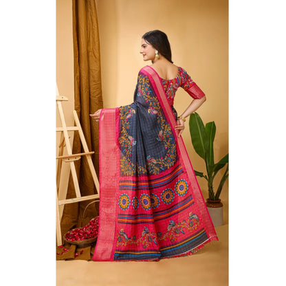 Generic Women's Soft Dola Cotton Kalamkari Printed Saree With Unstitched Blouse 5.5Mtr (Grey)