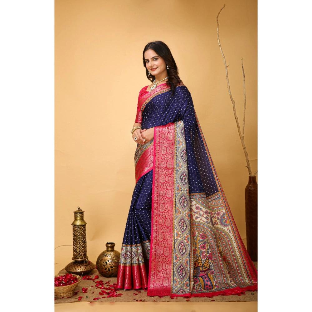 Generic Women's Soft Dola Cotton Kalamkari Printed Saree With Unstitched Blouse 5.5Mtr (Navy Blue)