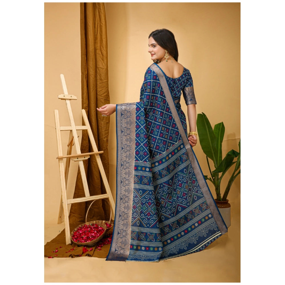 Generic Women's Soft Dola Cotton Kalamkari Printed Saree With Unstitched Blouse 5.5Mtr (Blue)