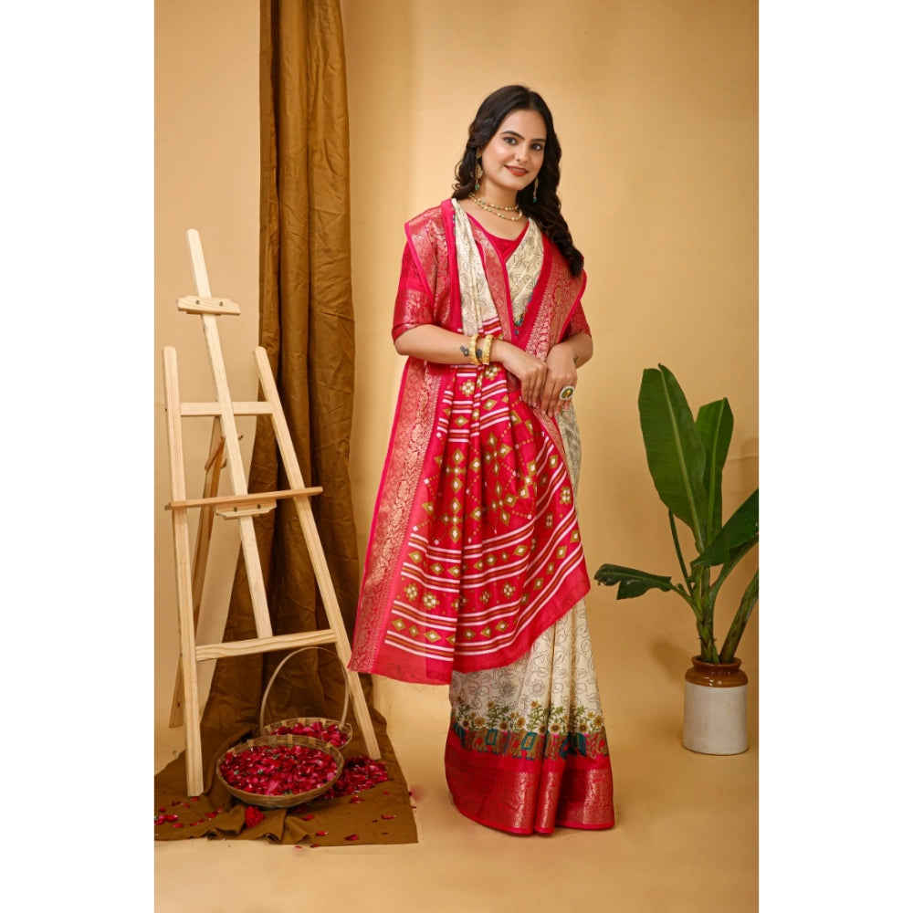 Generic Women's Soft Dola Cotton Kalamkari Printed Saree With Unstitched Blouse 5.5Mtr (White)