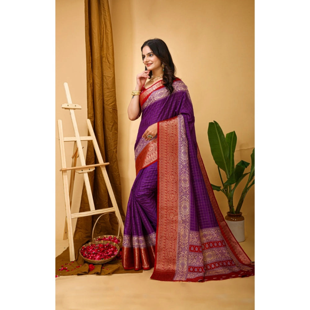 Generic Women's Soft Dola Cotton Kalamkari Printed Saree With Unstitched Blouse 5.5Mtr (Purple)