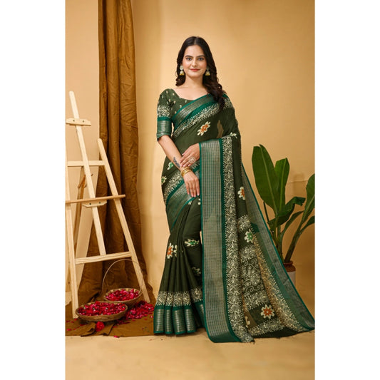 Generic Women's Soft Blooming Marshmallow Fabric Kalamkari Printed Saree With Unstitched Blouse 5.5Mtr (Green)