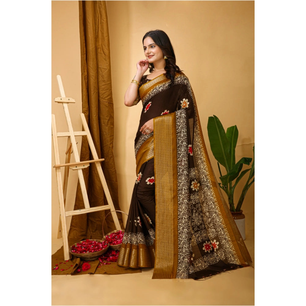 Generic Women's Soft Blooming Marshmallow Fabric Kalamkari Printed Saree With Unstitched Blouse 5.5Mtr (Brown)